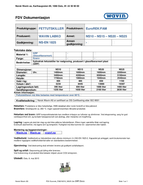 FDV Wavin Fettutskiller EuroREK/FAM NS 10 NS15 NS20 NS25 