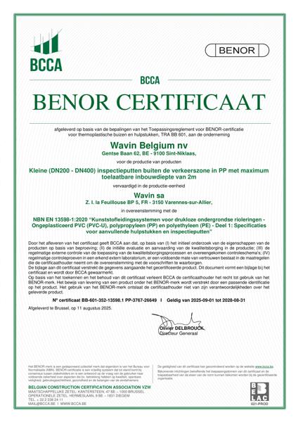 Certificaat BENOR PP EN 13598-1 Kleine (DN200-DN400) inspectieputten buiten de verkeerszone in PP - Geldig tot 31.08.2028