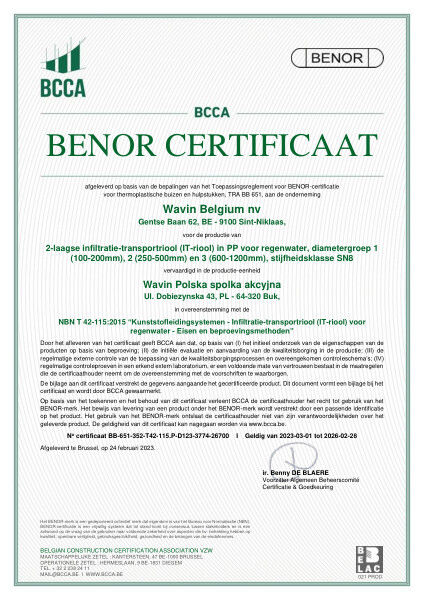 Certificaat BENOR PP NBN T42-115 2-laagse infiltratie-transportriool (IT-riool) in PP voor regenwater D1, D2 en D3 SN8 - Geldig tot 28.02.2026