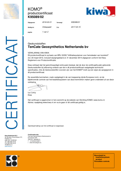 Certificaat KOMO K95089/02 Geokunststoffen TenCate Geosynthetics Netherlands bv