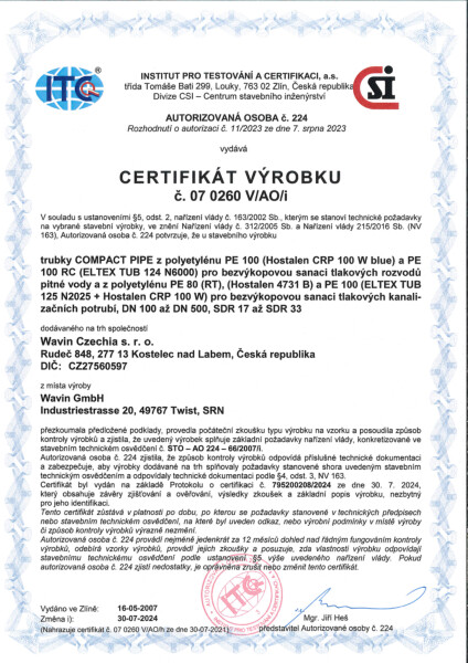 Certifikát Compact Pipe pro tlakové rozvody vody a kanalizace