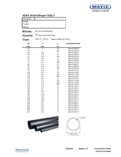 Technische fiche / Fiche technique HDPE drukleidingen SDR17 - Système pression en PEHD SDR17