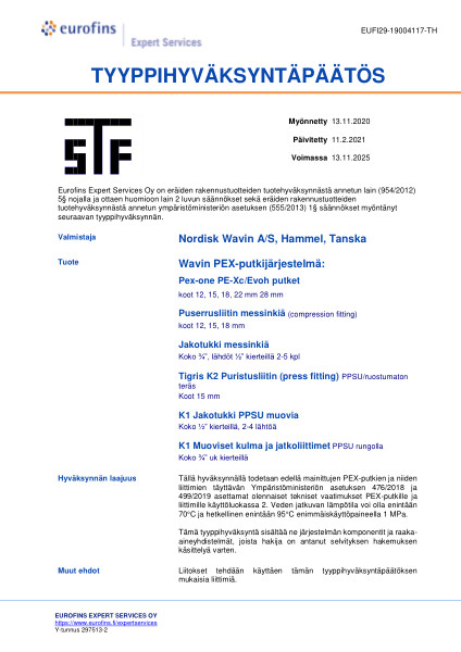 Sertifikaatit – No. EUFI29-19004117-TH – Wavin PEX-putkijärjestelmä