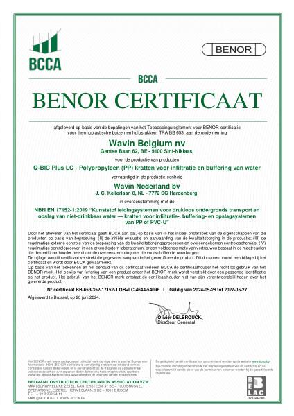Certificaat BENOR PP NBN EN 17152-1 Q-Bic Plus LC - Polypropyleen (PP) kratten voor infiltratie en buffering van water (Hardenberg) - Geldig tot 27.05.2027