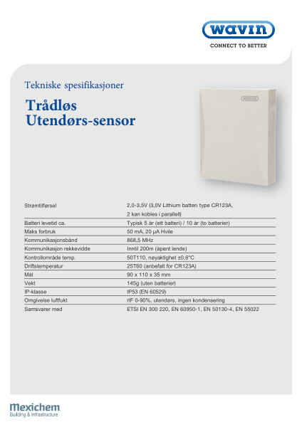 Tekniske spesifikasjoner - Trådløs utendørs-sensor
