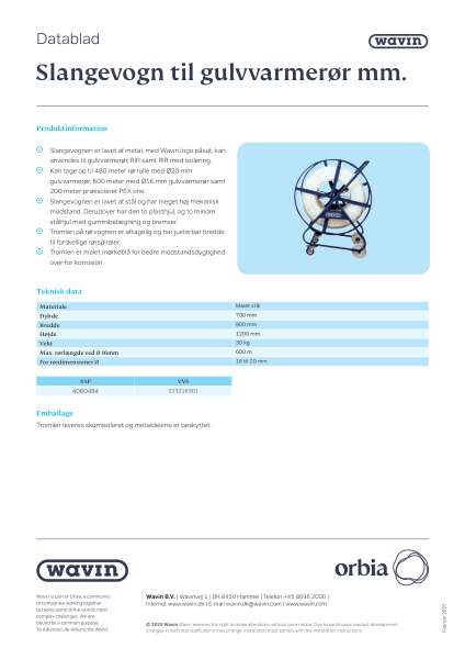 Datablad - Slangevogn til gulvvarmerør mm.