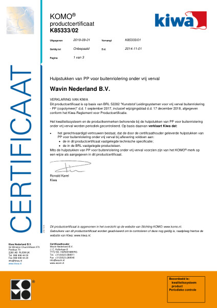 Certificaat KOMO K85333/02 Hulpstukken van PP voor buitenriolering onder vrij verval