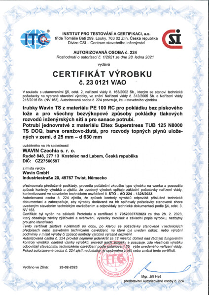 Certifikát Wavin TS PE 100 RC - plyn