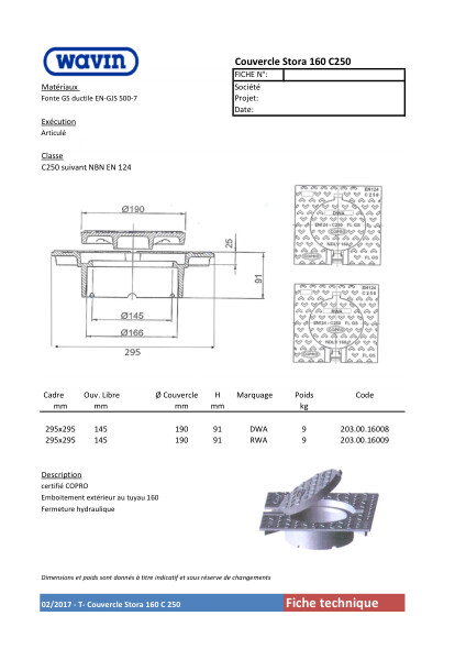 Fiche technique Couvercle Stora C250