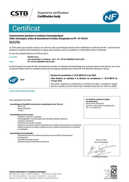 Certificat NF 442 - Boite Branchement - Varennes