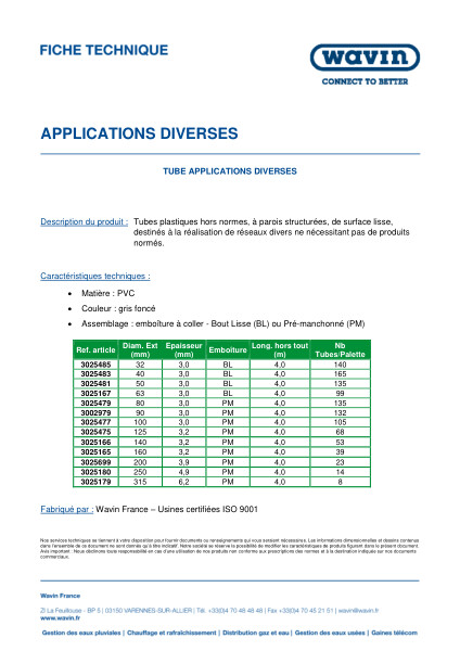 Fiche technique - Tubes d'applications diverses