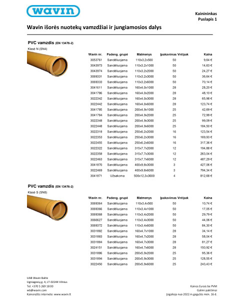 Wavin išorės nuotekų vamzdžiai ir jungiamosios dalys