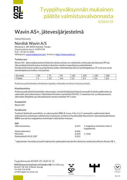 Sertifikaatit - No. SC0319-19 - Wavin AS+, jätevesijärjestelmä