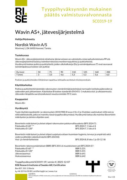 Sertifikaatit - No. SC0319-19 - Wavin AS+, jätevesijärjestelmä