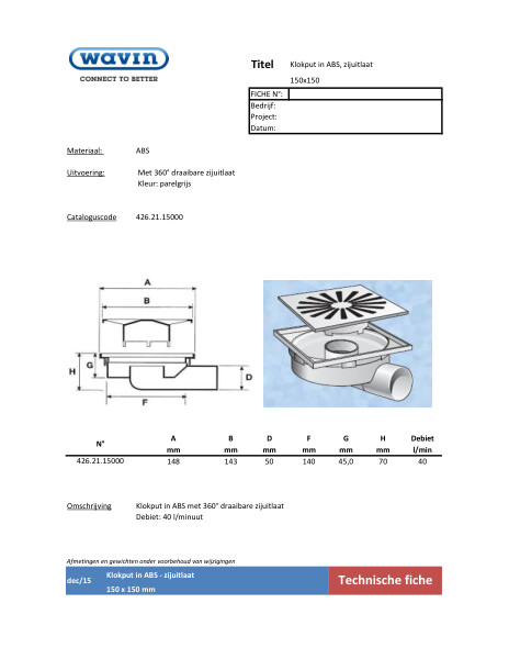 klokput in ABS - Onderuitlaat / Siphon de cour en ABS avec sortie horizontale - 150x150