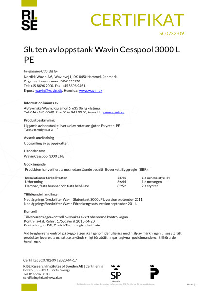 Godkendelse - No. SC0782-09 - Sluten avloppstank Wavin Cesspool 3000 L PE