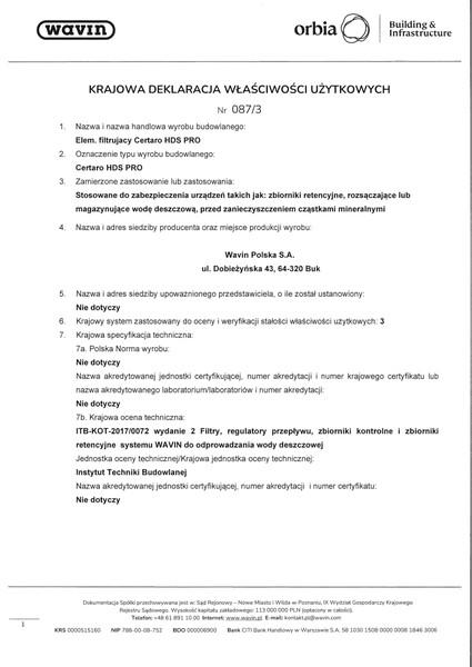 KDWU nr 087/3 Element filtrujacy Certaro HDS PRO