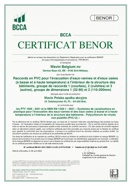 Certificat BENOR PVC EN 1329 Raccords en PVC pour l'évacuation d'eax-vannes et d'eaux usées à l'intérieur de la structure des bâtiments Buk - Valable au 31.01.2025