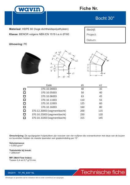 Technische fiche / Fiche technique PE Bocht / Coude 30°