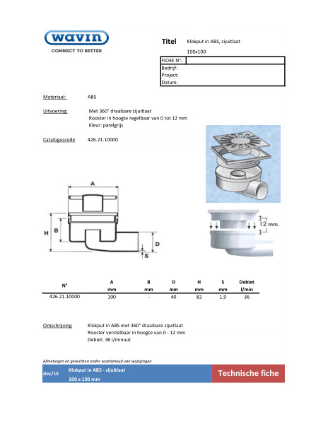 Klokput in ABS - Onderuitlaat / Siphon de cour en ABS avec sortie horizontale  - 100x100