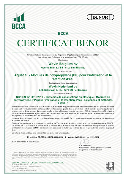 Certificat BENOR PP NBN EN 17152-1 AquaCell: Modules de polypropylène (PP) pour línfiltration et la rétention d'eau (Hardenberg) - Valable au 22.11.2024