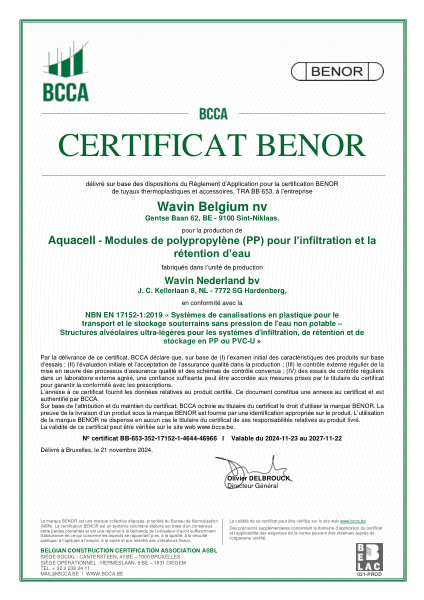 Certificat BENOR PP NBN EN 17152-1 AquaCell: Modules de polypropylène (PP) pour línfiltration et la rétention d'eau (Hardenberg) - Valable au 22.11.2027