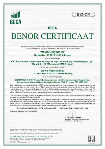 Certificaat BENOR PVC EN1329 PVC-buizen voor binnenriolering diametergroep 1, 2 en 3 - Geldig tot 28-11-2025