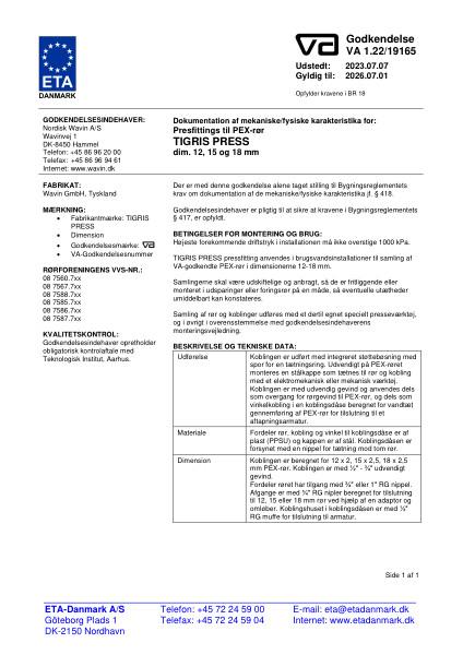 Godkendelse - No. VA 1.22/19165 - Wavin Tigris Presfittings til PEX-rør