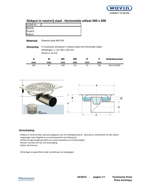 Klokput in roestvrij staal - Horizontale uitlaat / siphon de cour en inox avec sortie horizontale 200x200