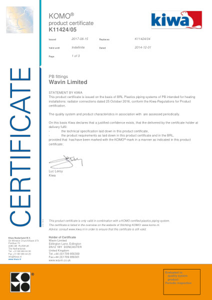 Certificaat Kiwa K11424/07 PB fittings - Fittingen Radiatoraansluitingen