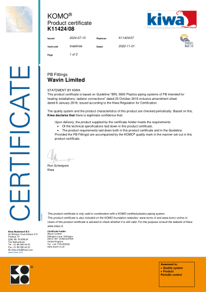 Certificaat Kiwa K11424/08 PB fittings - Fittingen Radiatoraansluitingen