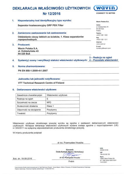 Deklaracja Właściwości Użytkowych 12_2016 Separator koalescencyjny GRP PEK Filter.pdf