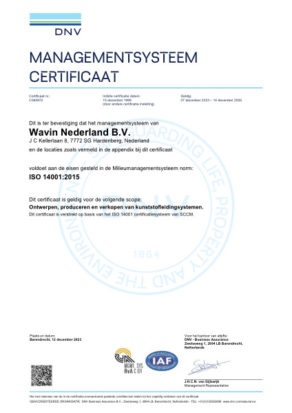 ISO 14001:2015 Certificaat Kwaliteitsmanagementsysteem DNV C560872 - Geldig tot 14.12.2026