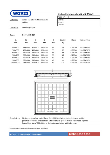 Technische fiche Deksel Hydro Vierkant C=250kN
