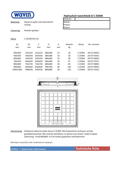 Technische fiche Deksel Hydro Vierkant C=250kN