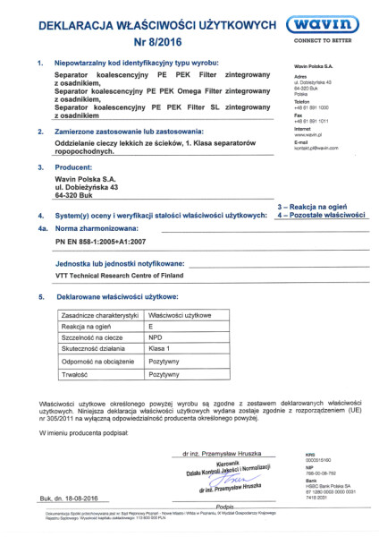 Deklaracja Właściwości Użytkowych 08_2016 Separator koalescencyjny PE PEK Filter zintegrowany z osadnikiem.pdf