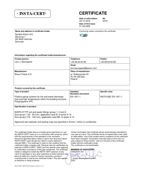 Godkendelse - No. 2018 - Wavin WAFIX PP fittings. Group 1, 2 and 3