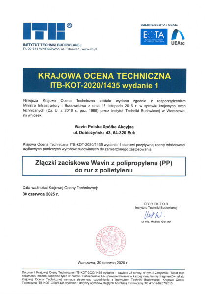 KOT ITB-KOT-2020/1435 wyd.1, Złączki zaciskowe z PP do rur z PE