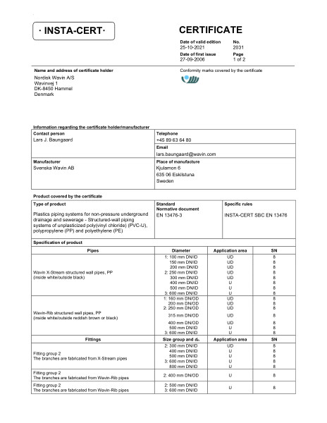 Godkendelse - No. 2031 - X-Stream/Wavin-Rib rør og fittings, dim 100-600