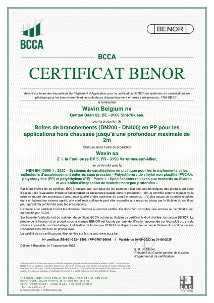 Certificat BENOR PP EN 13598-1 Boîtes de branchements (DN200-DN400) en PP pour les applications hors chaussée - Valable au 31.08.2025