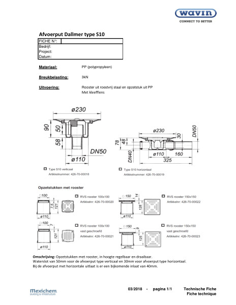 Technische fiche / Fiche technique Afvoerput Dallmer type S10 / Siphon de cour Dallmer type S10