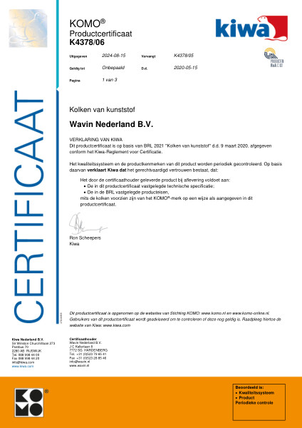 Certificaat KOMO K4378/06 Kolken van kunststof