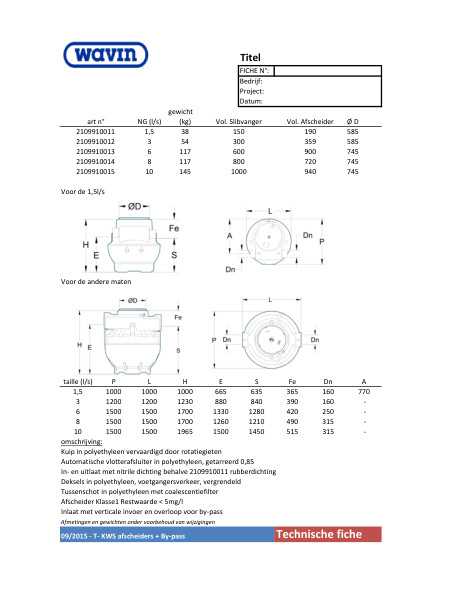 Technische fiche KWS afscheiders PE / Fiche technique Sep. Hydrocarbures PE by‐pass