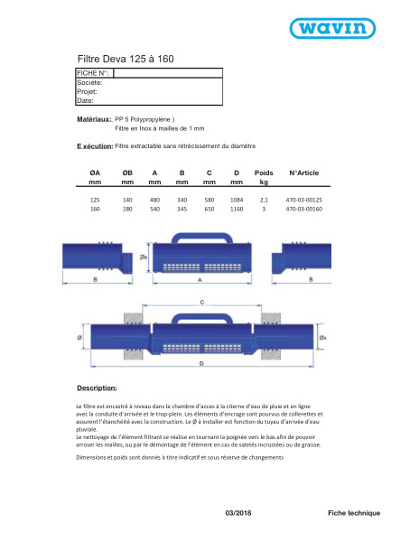 Fiche technique Filtre Deva 125 et 160mm