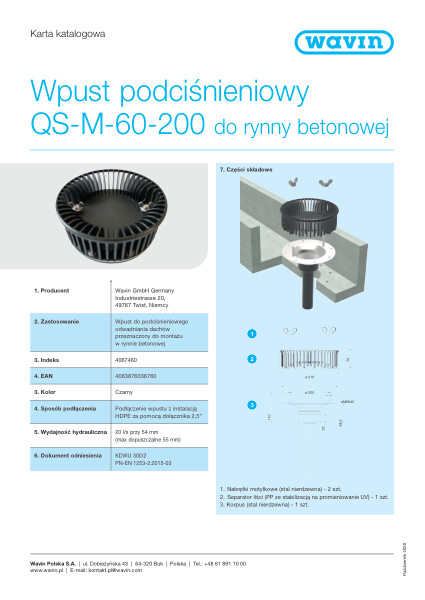 Wpust podciśnieniowy QS-M-60-200 rynna betonowa_Karta katalogowa