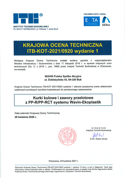 KOT ITB-KOT-2021/0920 wydanie 1, Kurki kulowe i zawory przelotowe Ekoplastik