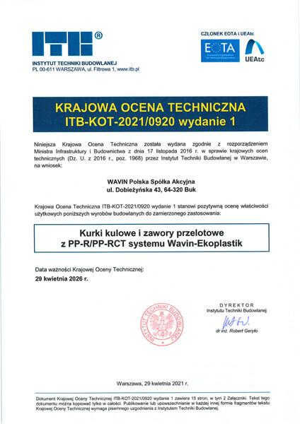 KOT ITB-KOT-2021/0920 wydanie 1, Kurki kulowe i zawory przelotowe Ekoplastik