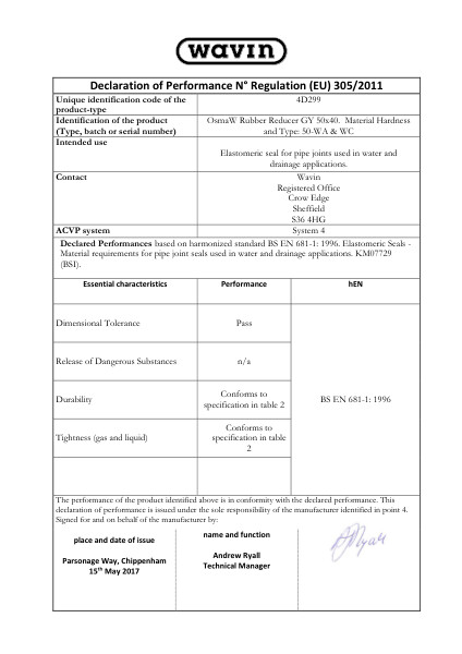 4D299 adaptor Declaration of Performance