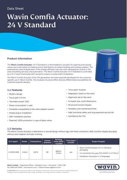 Wavin Comfia Actuator 24V Data Sheet