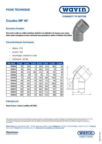 Fiche technique - Coudes MF 45°